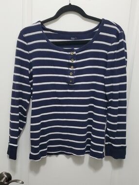 GAP Navy and White Striped Long Sleeve Waffle Henley Tee